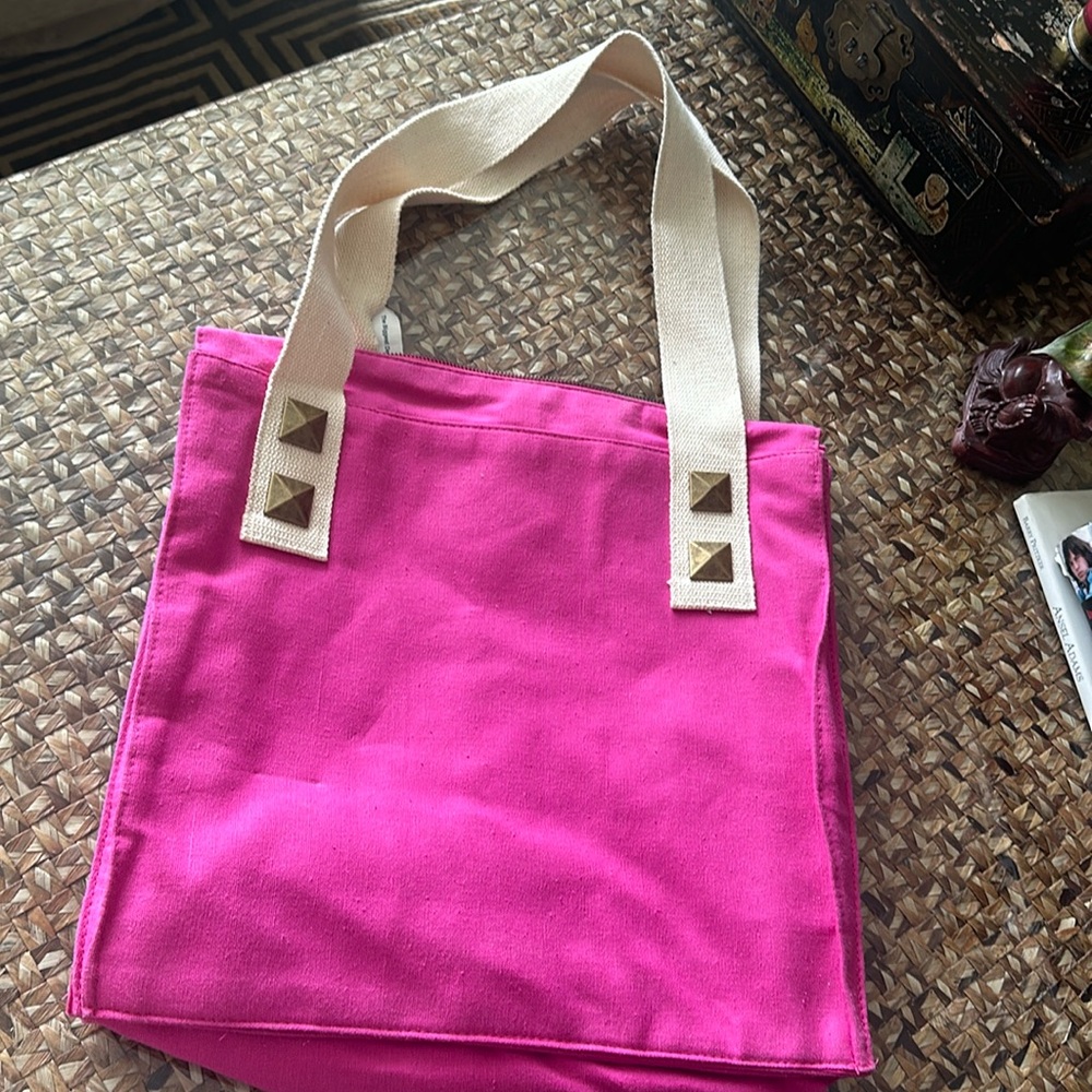 Pink canvas tote bag with studs